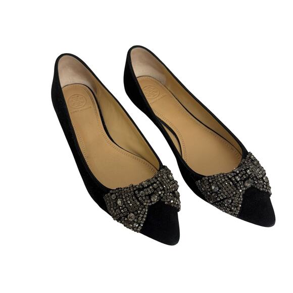 Tory Burch Vanessa Suede Rhinestone Bow Flats Sparkly Crystal Black US 8M - Picture 1 of 13